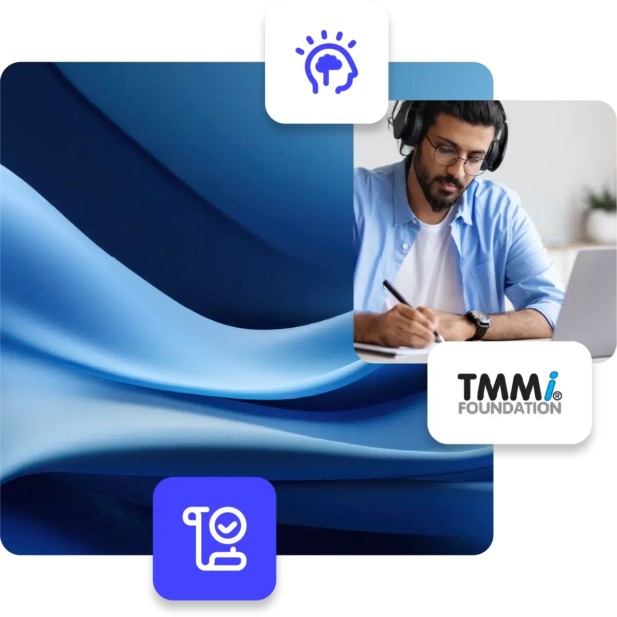 Focused man in headphones sitting at a laptop and making notes, giving the impression of being a student, paired with abstract background and paper scroll icon and TMMi Foundation logos