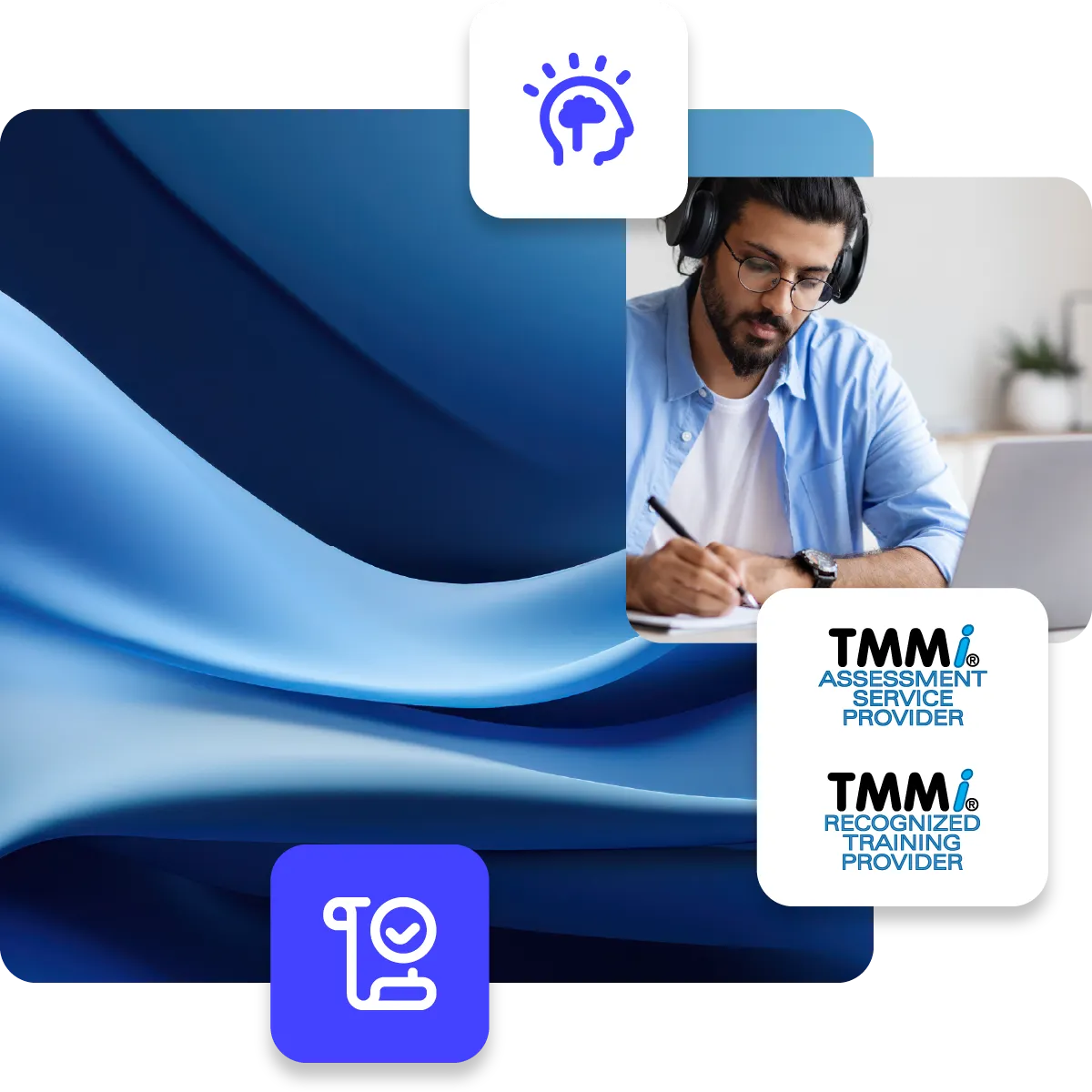 Focused man in headphones sitting at a laptop and making notes, giving the impression of being a student, paired with abstract background and paper scroll icon and TMMi Foundation logos