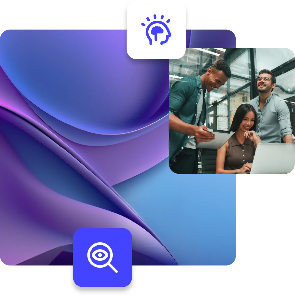 Group of happy young professionals talking and laughing over the laptop, paired with abstract colourful background and search icon