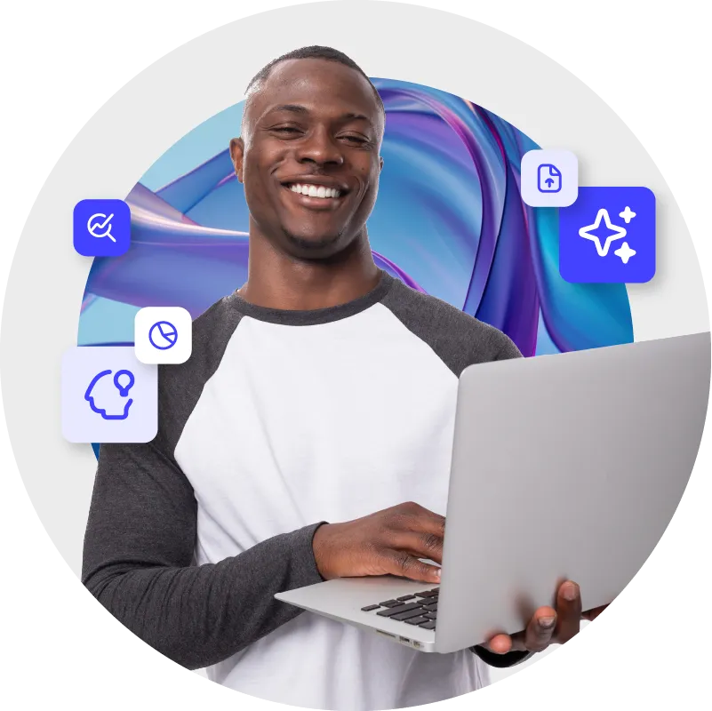 Young man on an abstract background, holding laptop, smiling and looking at the camera; around him are icons symbolizing artificial intelligence, data and technology