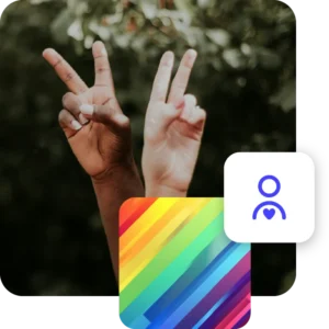 Collage of images, closeup of black and white hands, showing victory gesture, abstract background in rainbow colours and icon symbolising love and care